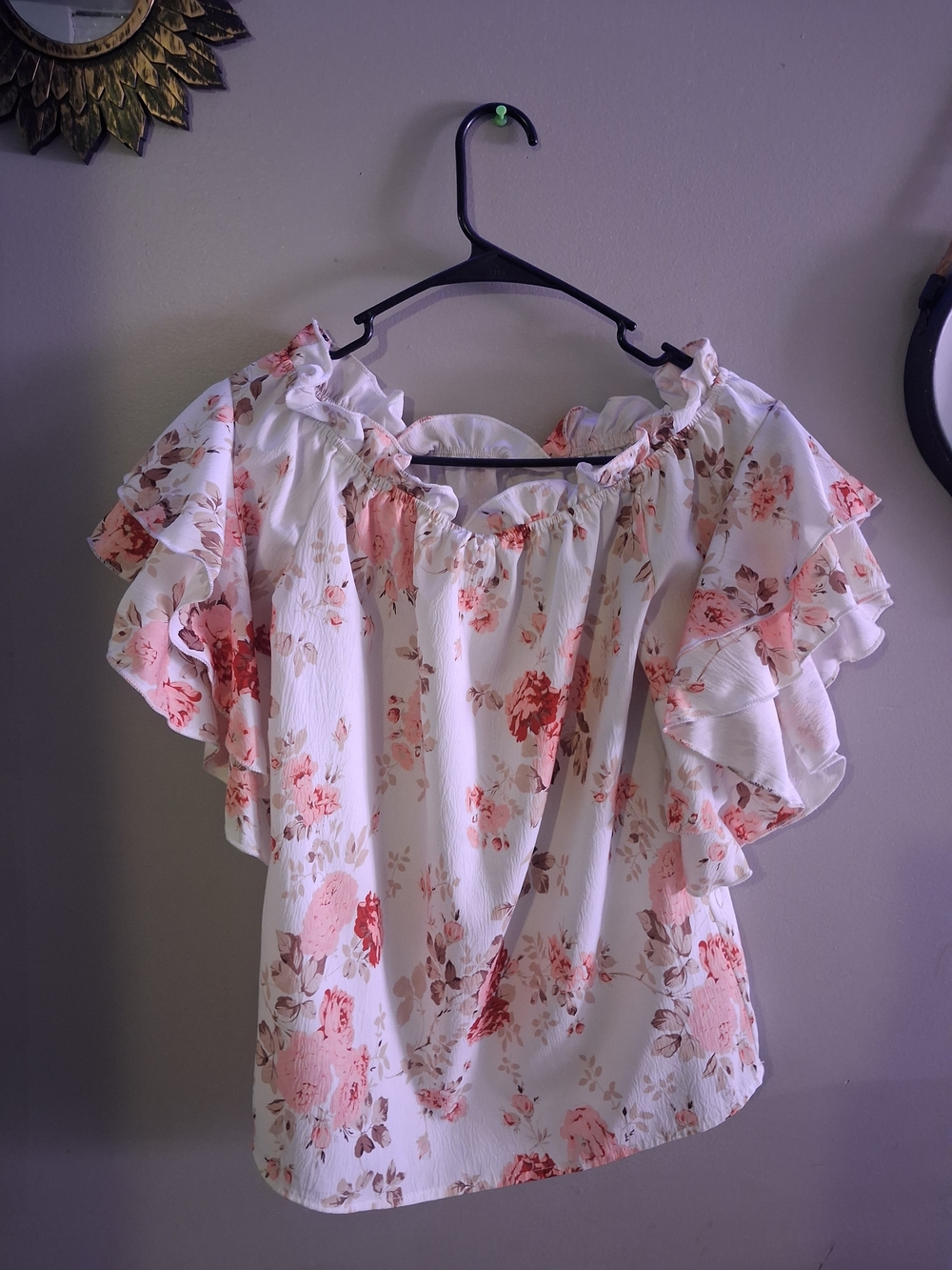 Floral Off-Shoulder Ruffle Sleeve Top - White/Pink